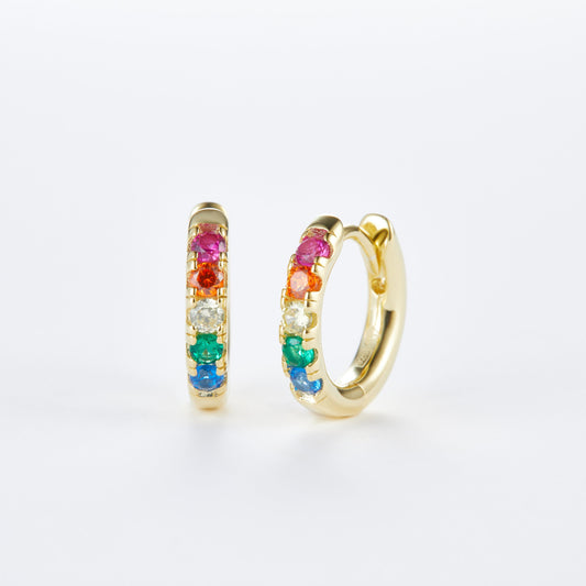 L-Eternità Rainbow Coloured Zirconia Small Huggies Earrings with Yellow Gold plating