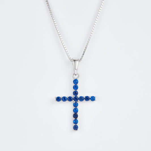 L-Eternità Cross Necklace with Blue Zirconia with White Rhodium plating