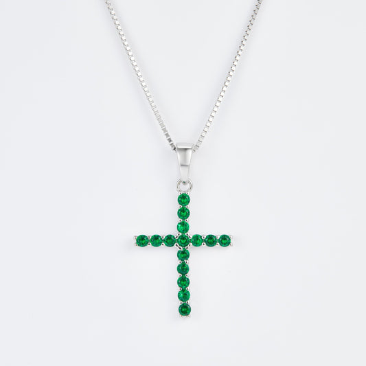 L-Eternità Cross Necklace with Green Zirconia with White Rhodium plating