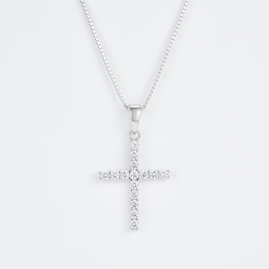 L-Eternità Cross Necklace with White Zirconia with White Rhodium plating