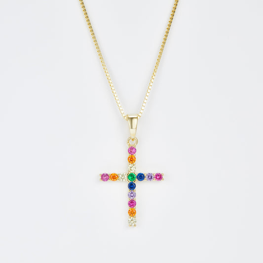 L-Eternità Cross Necklace with Rainbow Coloured Zirconia with Yellow Gold plating