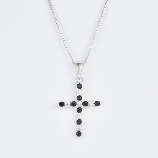 L-Eternità Cross Necklace with Black and White Zirconia with White Rhodium plating