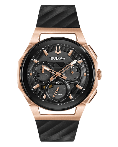 Bulova CURV Men's Chronograph Rose Gold Black Dial Watch 98A185